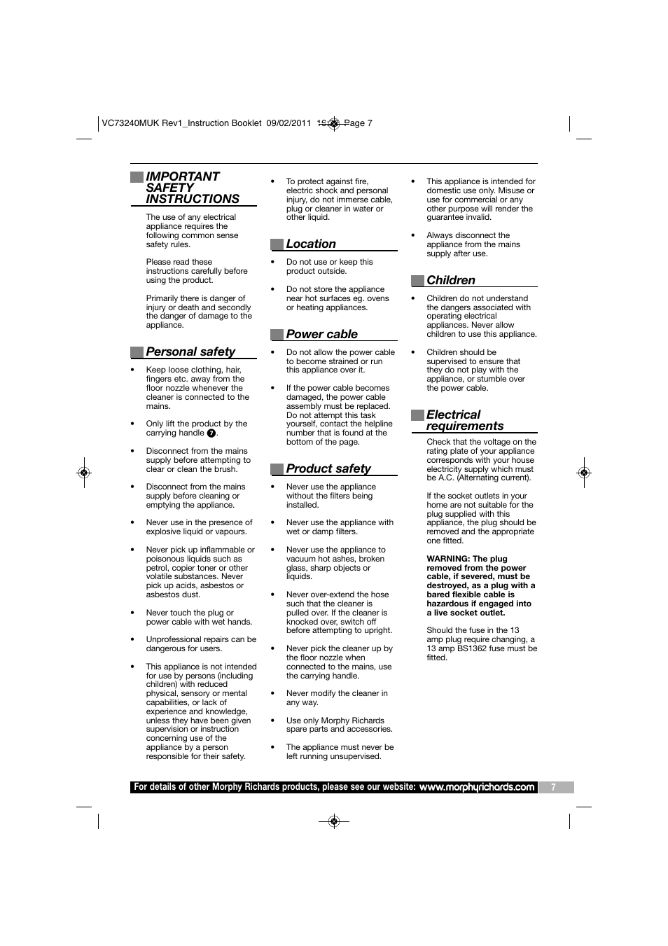Important safety instructions, Personal safety, Location | Power cable, Product safety, Children, Electrical requirements | Morphy Richards VC73240 User Manual | Page 7 / 8