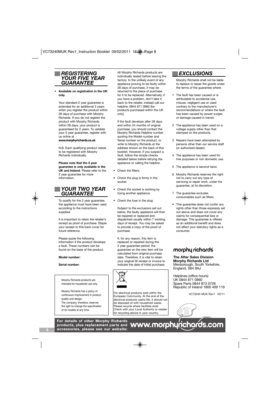 Registering your five year guarantee, Your two year guarantee, Exclusions | Morphy Richards VC73240 User Manual | Page 8 / 8