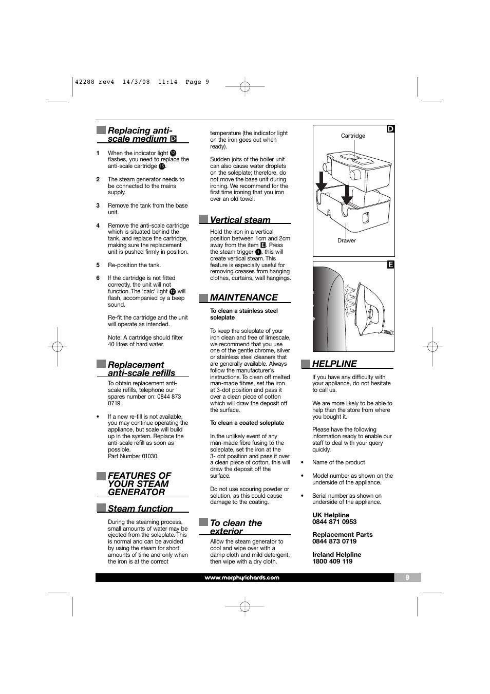 Replacing anti- scale medium, Replacement anti-scale refills, Features of your steam generator steam function | Vertical steam, Maintenance, Helpline, Ed d | Morphy Richards ELITE S User Manual | Page 9 / 10