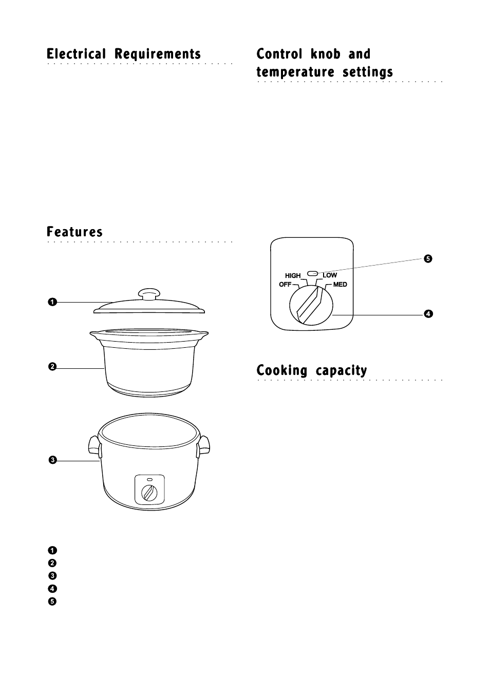 Electrical requirements, Features, Control knob and | Temperature settings, Cooking capacity | Morphy Richards Round slow cooker User Manual | Page 3 / 12