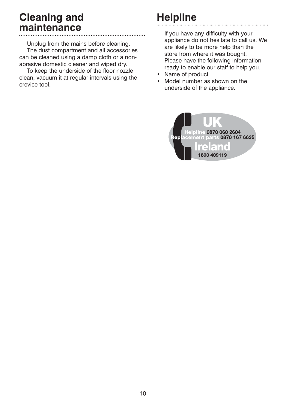 Cleaning and maintenance, Helpline | Morphy Richards Ecovac 70096 Rev 2 (Page 1) User Manual | Page 10 / 11