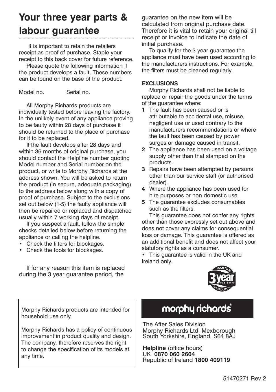 Your three year parts & labour guarantee | Morphy Richards Ecovac 70096 Rev 2 (Page 1) User Manual | Page 11 / 11