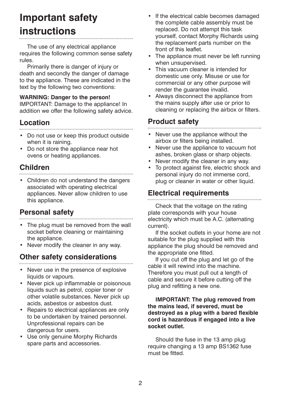 Important safety instructions, Location, Children | Personal safety, Other safety considerations, Product safety, Electrical requirements | Morphy Richards Ecovac 70096 Rev 2 (Page 1) User Manual | Page 2 / 11