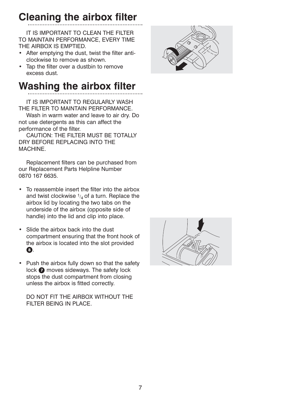 Cleaning the airbox filter, Washing the airbox filter | Morphy Richards Ecovac 70096 Rev 2 (Page 1) User Manual | Page 7 / 11