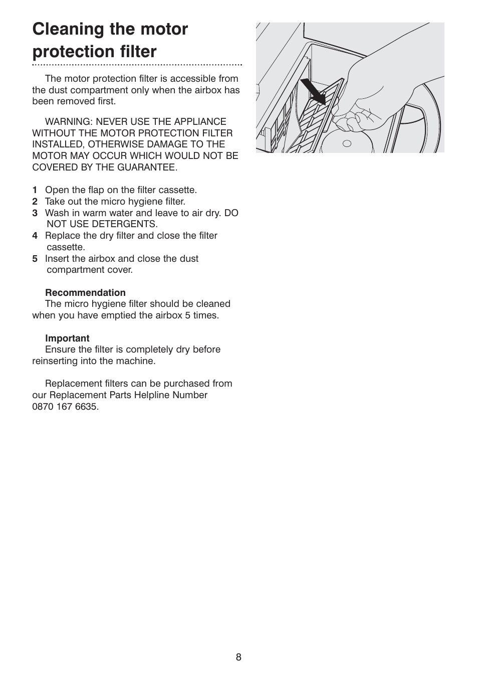 Cleaning the motor protection filter | Morphy Richards Ecovac 70096 Rev 2 (Page 1) User Manual | Page 8 / 11