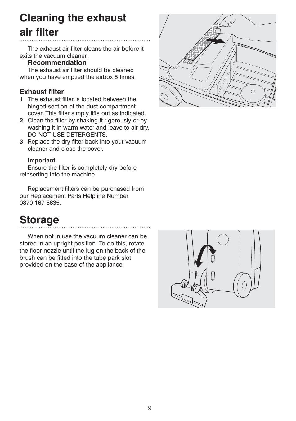 Cleaning the exhaust air filter, Storage | Morphy Richards Ecovac 70096 Rev 2 (Page 1) User Manual | Page 9 / 11