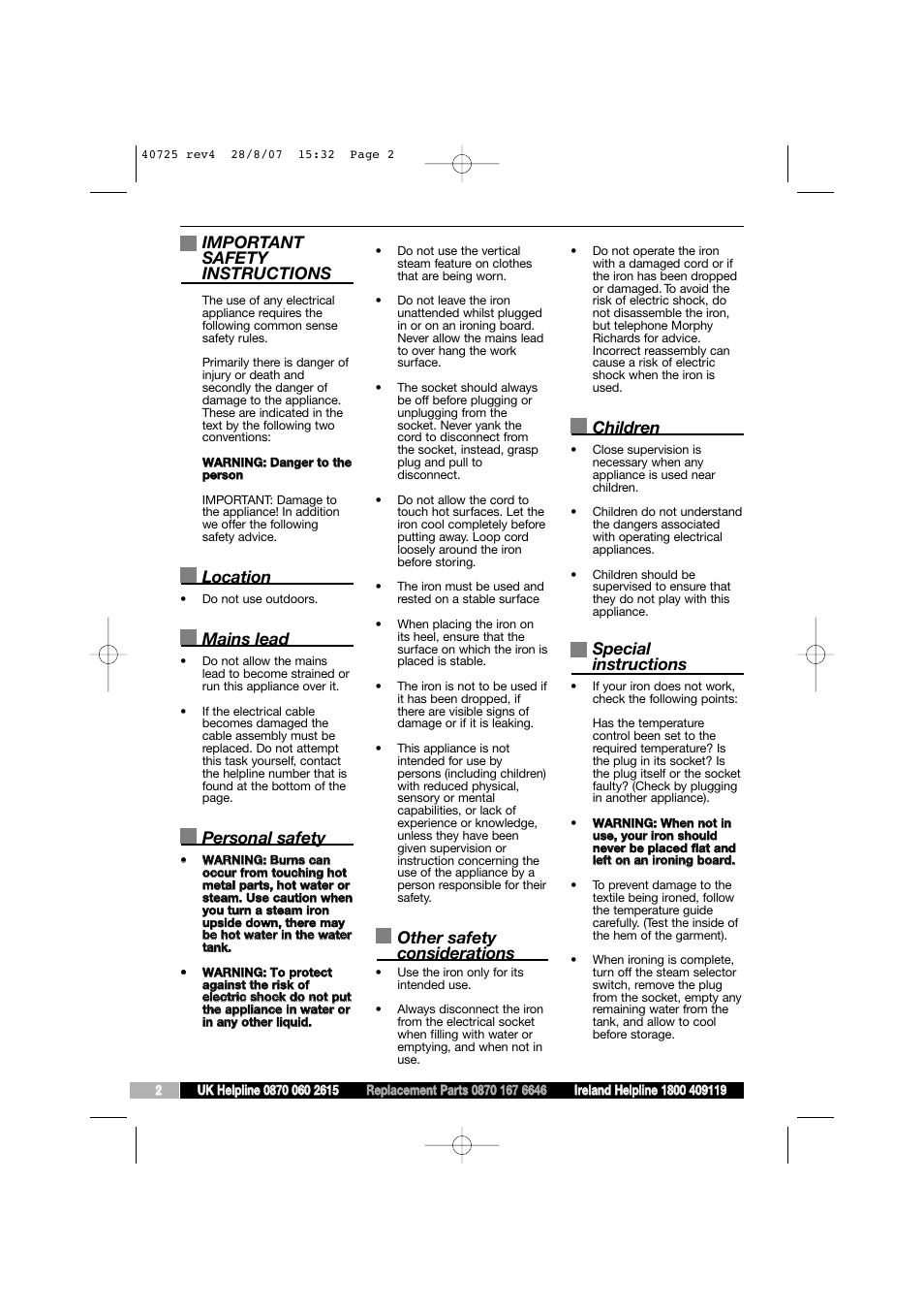 Important safety instructions, Location, Mains lead | Personal safety, Other safety considerations, Children, Special instructions | Morphy Richards 40725 User Manual | Page 2 / 8