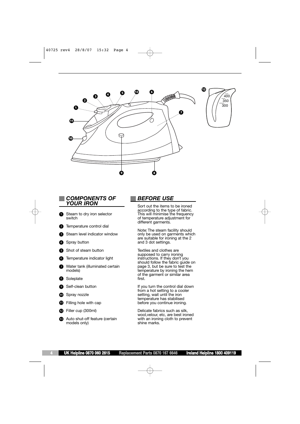 Components of your iron, Before use | Morphy Richards 40725 User Manual | Page 4 / 8