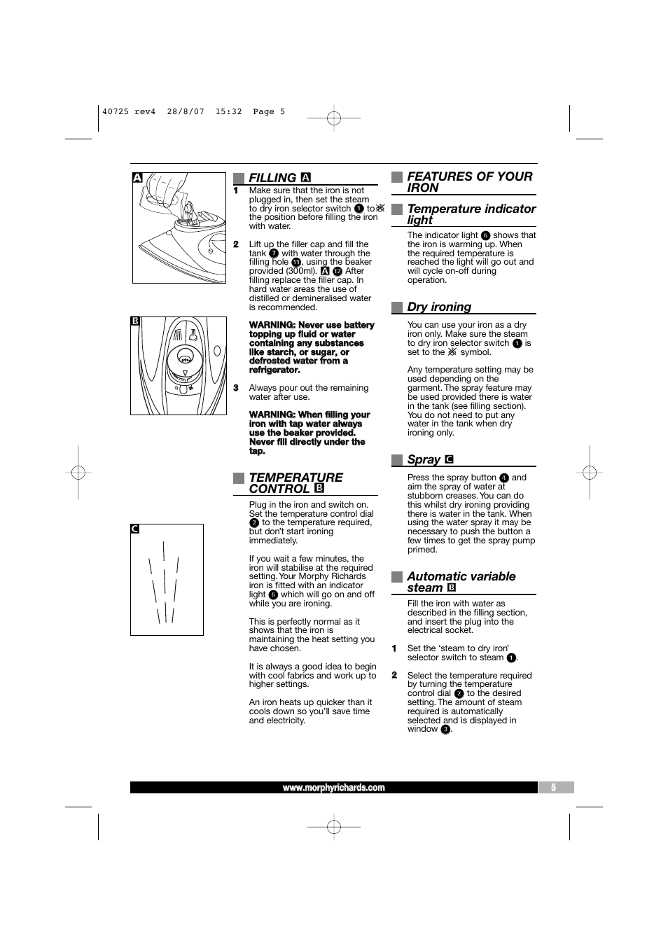 Filling, Temperature control, Features of your iron temperature indicator light | Dry ironing, Spray, Automatic variable steam | Morphy Richards 40725 User Manual | Page 5 / 8