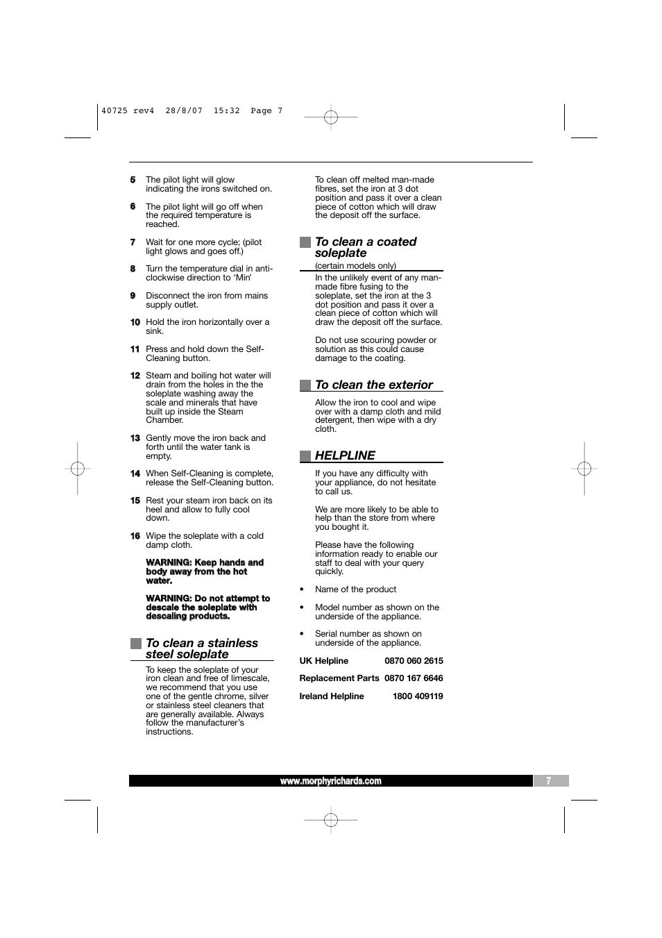 Helpline | Morphy Richards 40725 User Manual | Page 7 / 8