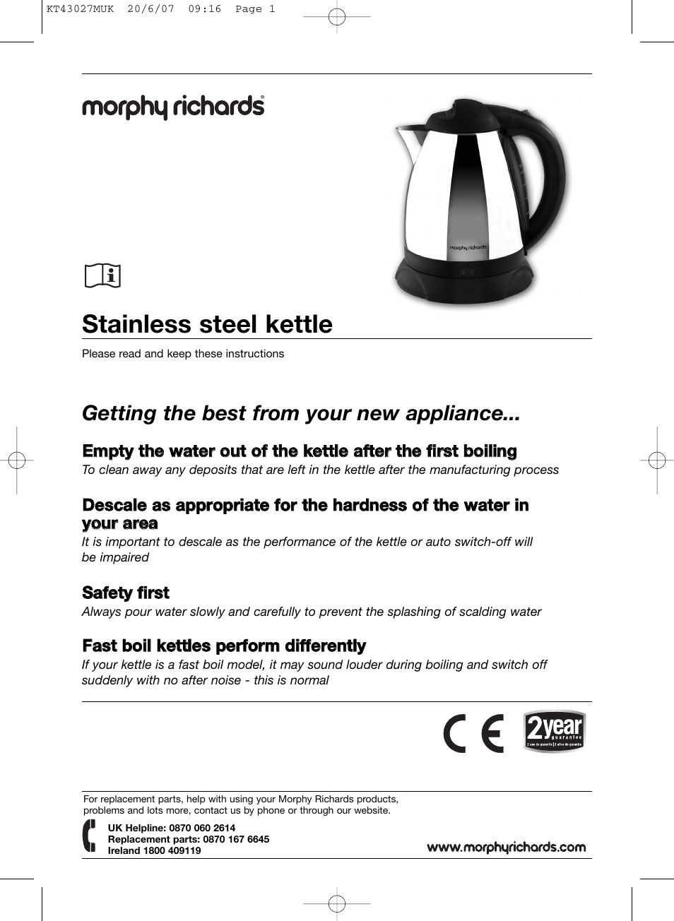 Morphy Richards Stainless steel kettle User Manual | 8 pages