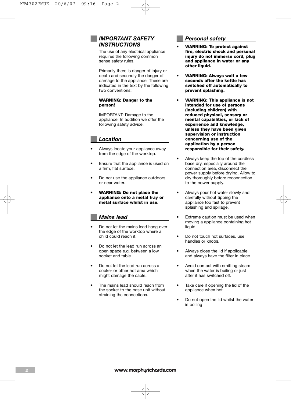 2important safety instructions, Location, Mains lead | Personal safety | Morphy Richards Stainless steel kettle User Manual | Page 2 / 8