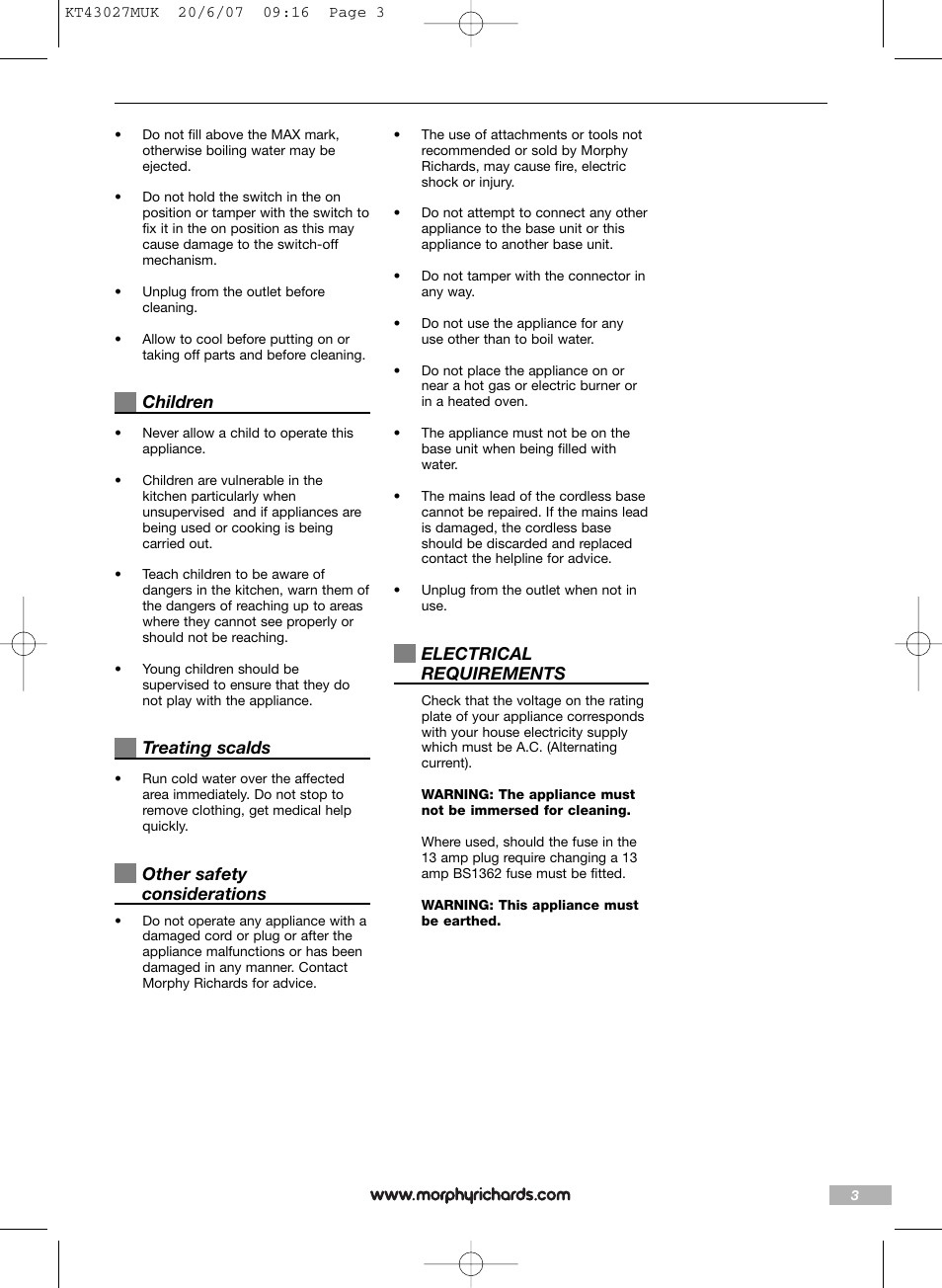 Children, Treating scalds, Other safety considerations | Electrical requirements | Morphy Richards Stainless steel kettle User Manual | Page 3 / 8