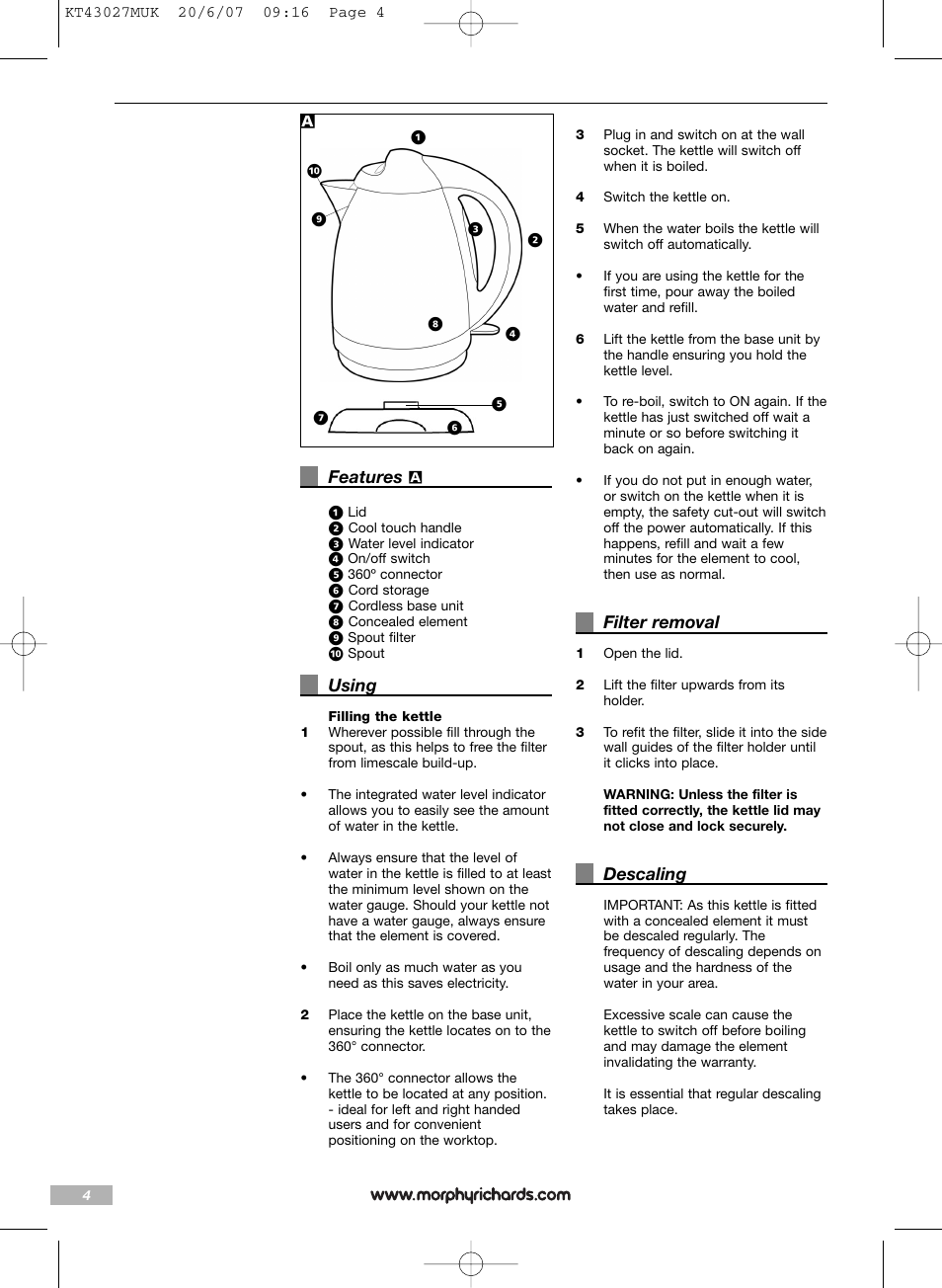 Features, Using, Filter removal | Descaling | Morphy Richards Stainless steel kettle User Manual | Page 4 / 8