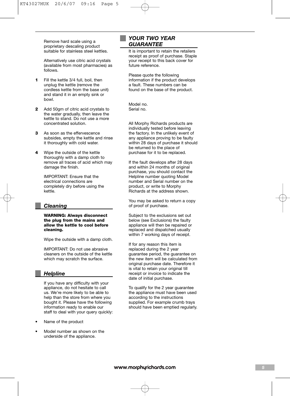 Morphy Richards Stainless steel kettle User Manual | Page 5 / 8