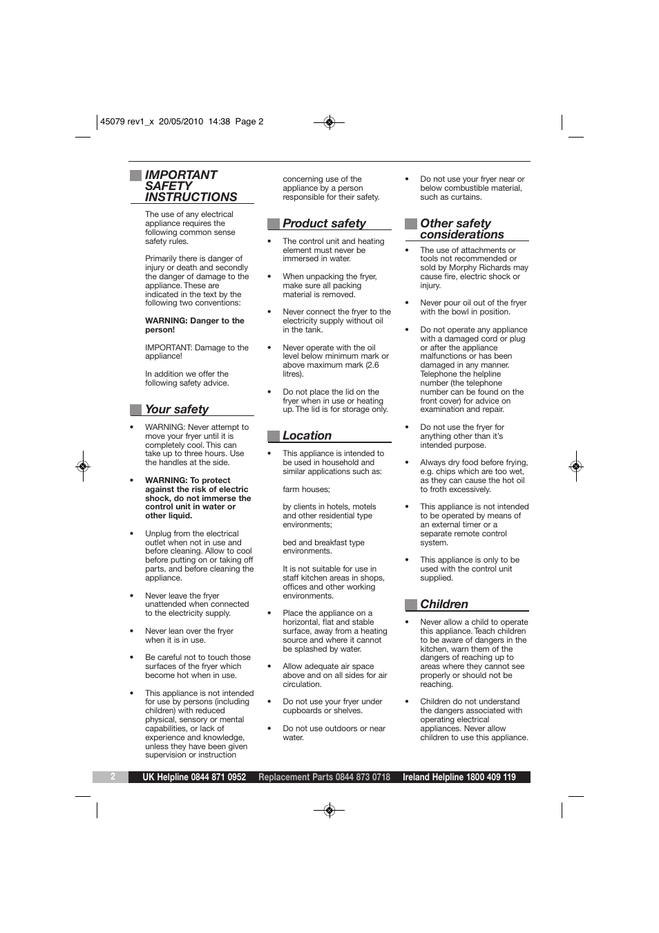 Important safety instructions, Your safety, Product safety | Location, Other safety considerations, Children | Morphy Richards DF45079 User Manual | Page 2 / 8