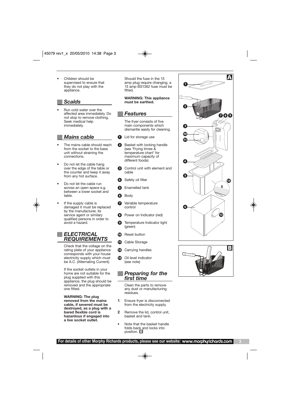 Scalds, Mains cable, Electrical requirements | Features, Preparing for the first time | Morphy Richards DF45079 User Manual | Page 3 / 8