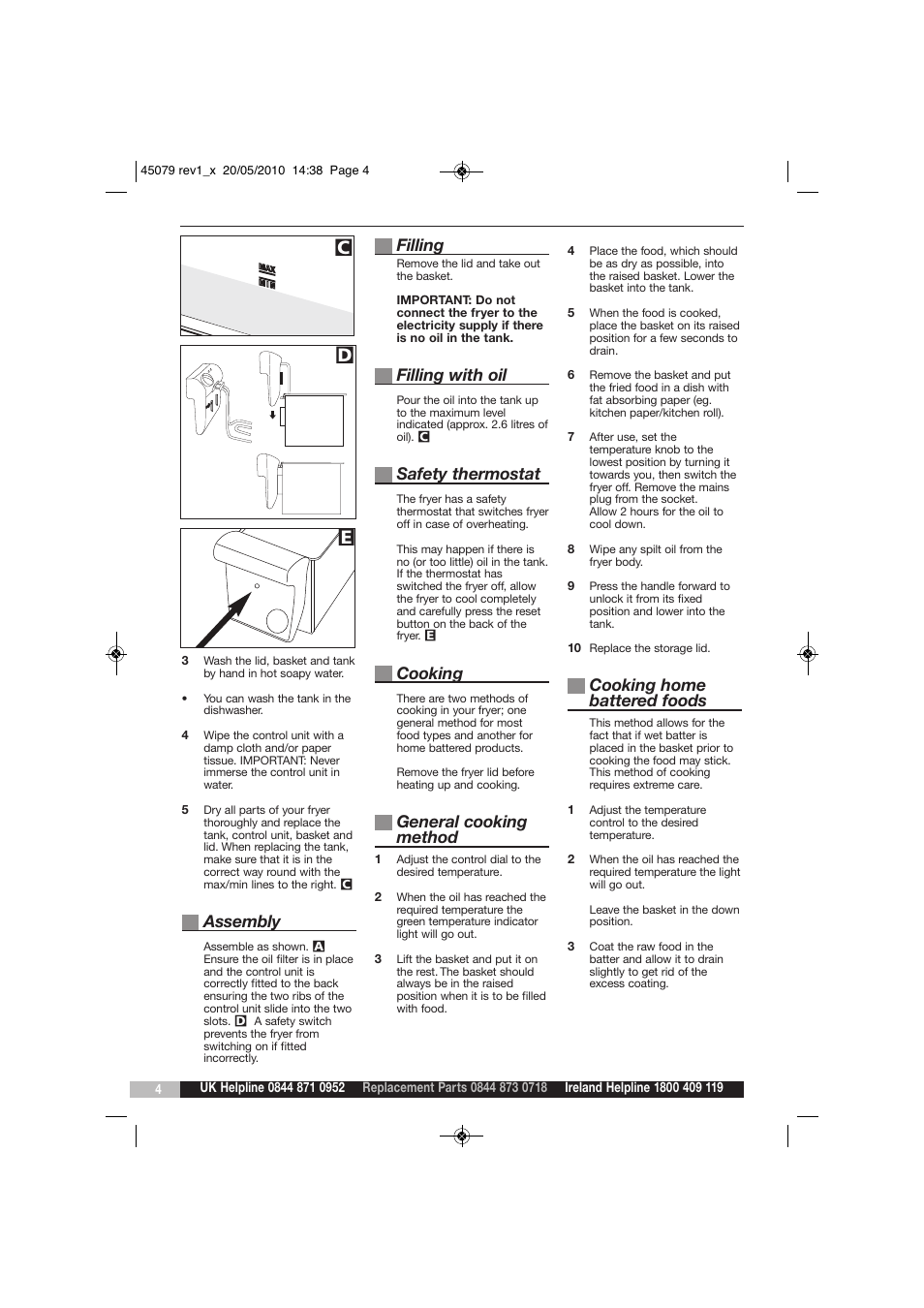 De c, Assembly, Filling | Filling with oil, Safety thermostat, Cooking, General cooking method, Cooking home battered foods | Morphy Richards DF45079 User Manual | Page 4 / 8