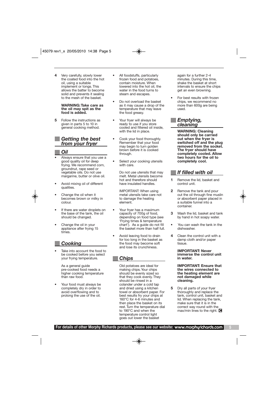 Getting the best from your fryer oil, Cooking, Chips | Emptying, cleaning, If filled with oil | Morphy Richards DF45079 User Manual | Page 5 / 8