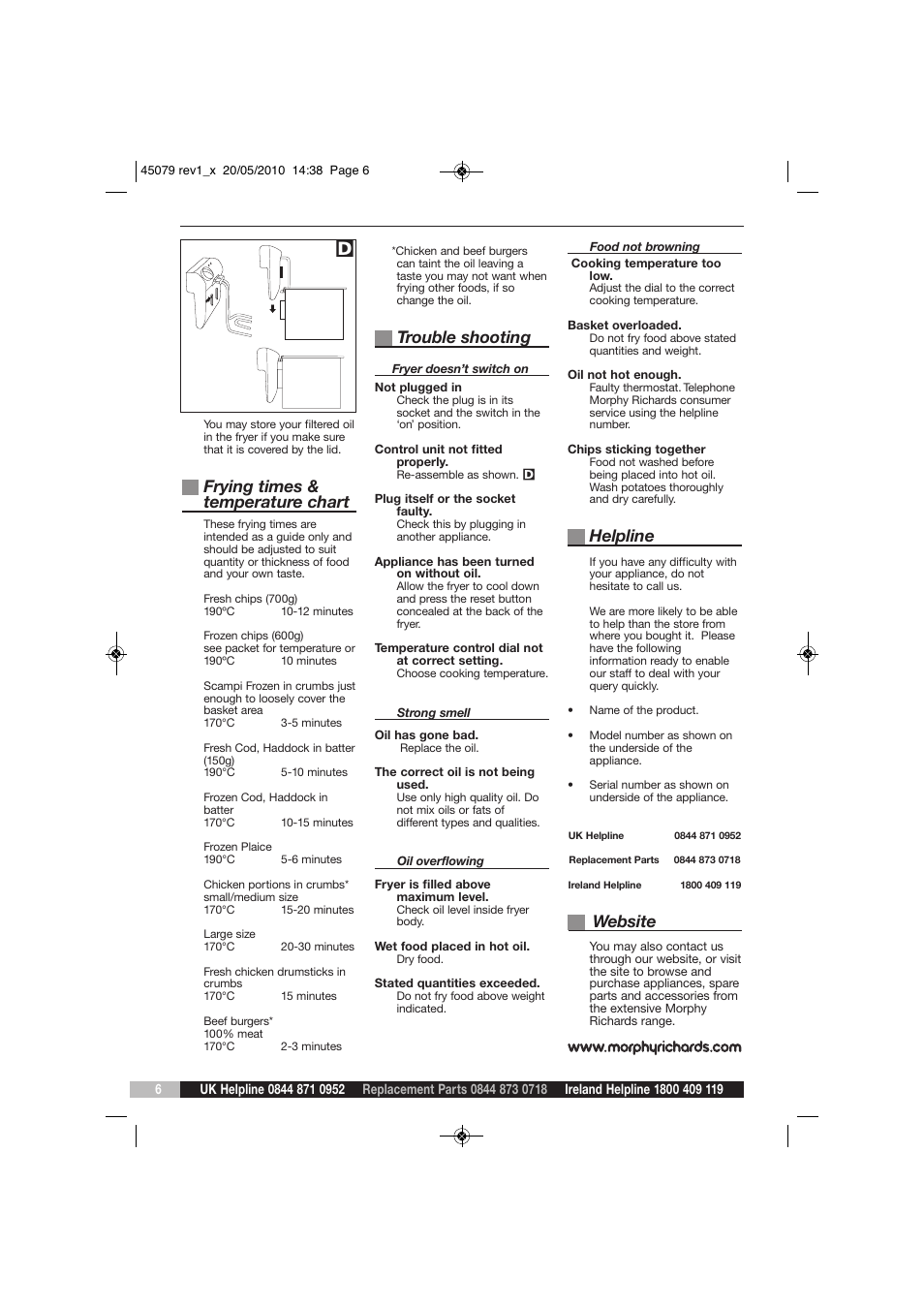 Frying times & temperature chart, Trouble shooting, Helpline | Website | Morphy Richards DF45079 User Manual | Page 6 / 8
