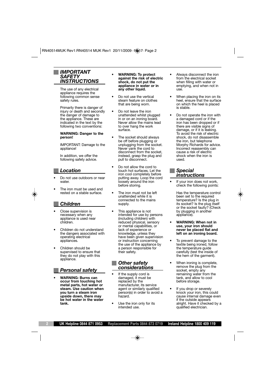 Important safety instructions, Location, Children | Personal safety, Other safety considerations, Special instructions | Morphy Richards TURBOSTEAM IRON RN40514 MUK REV 1 User Manual | Page 2 / 8
