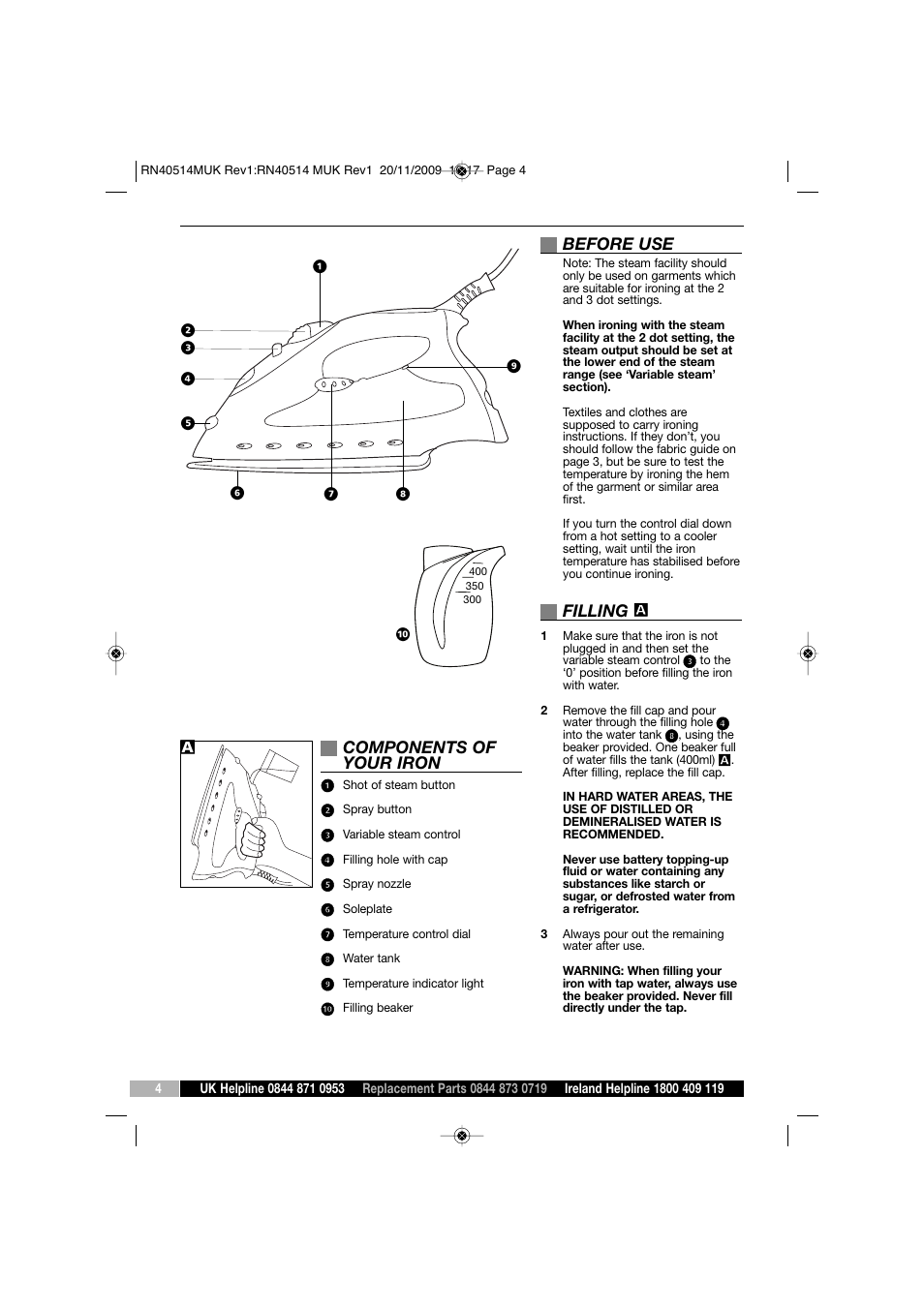 Components of your iron, Before use, Filling | Morphy Richards TURBOSTEAM IRON RN40514 MUK REV 1 User Manual | Page 4 / 8