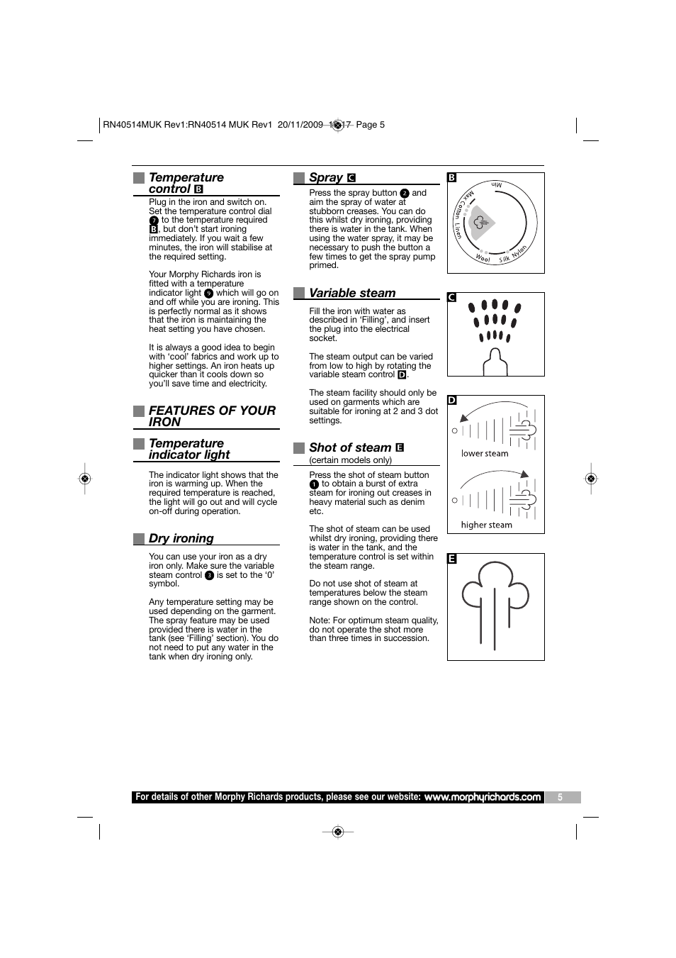 Temperature control, Features of your iron temperature indicator light, Dry ironing | Spray, Variable steam, Shot of steam | Morphy Richards TURBOSTEAM IRON RN40514 MUK REV 1 User Manual | Page 5 / 8