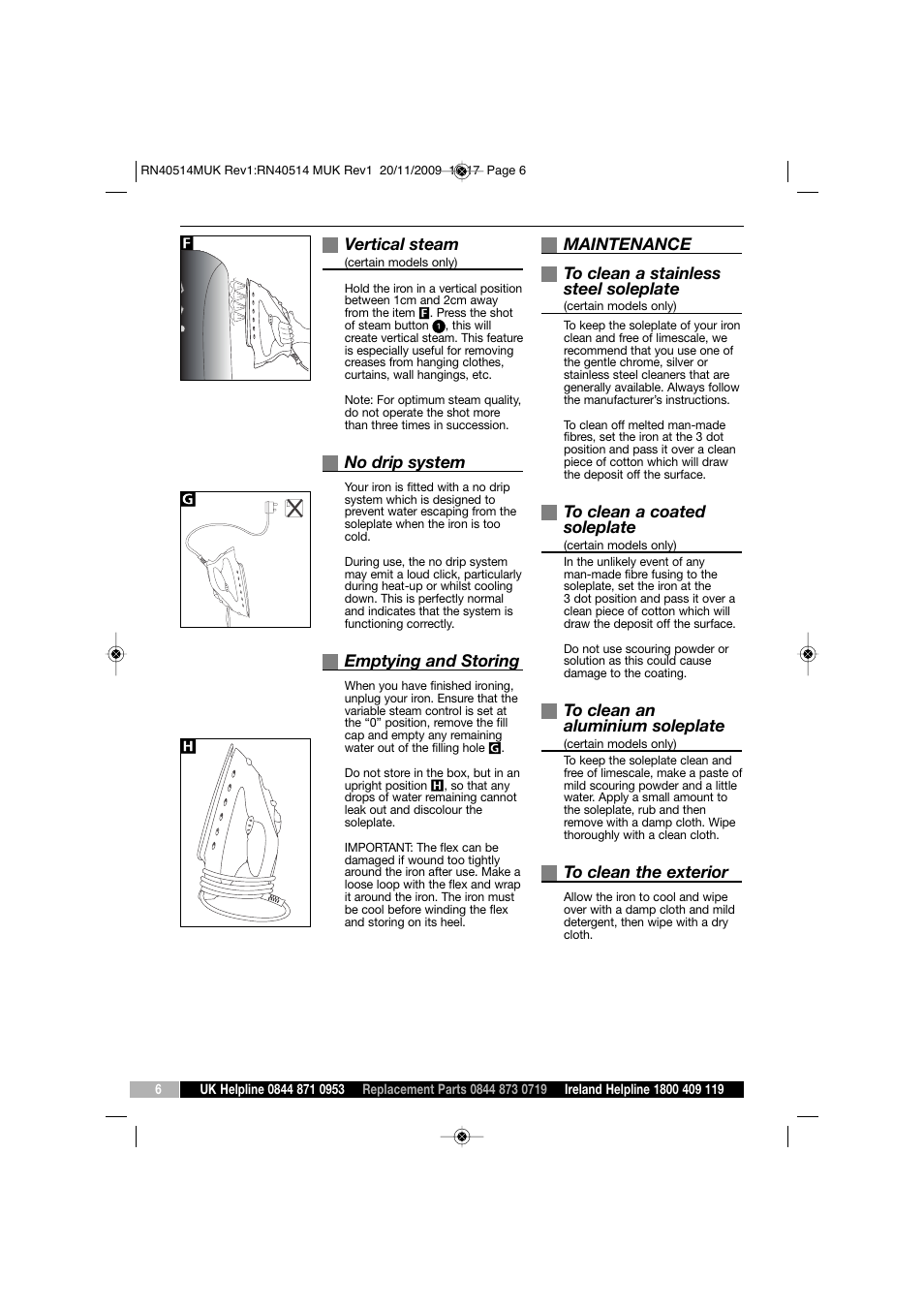 Vertical steam, No drip system, Emptying and storing | Maintenance to clean a stainless steel soleplate | Morphy Richards TURBOSTEAM IRON RN40514 MUK REV 1 User Manual | Page 6 / 8