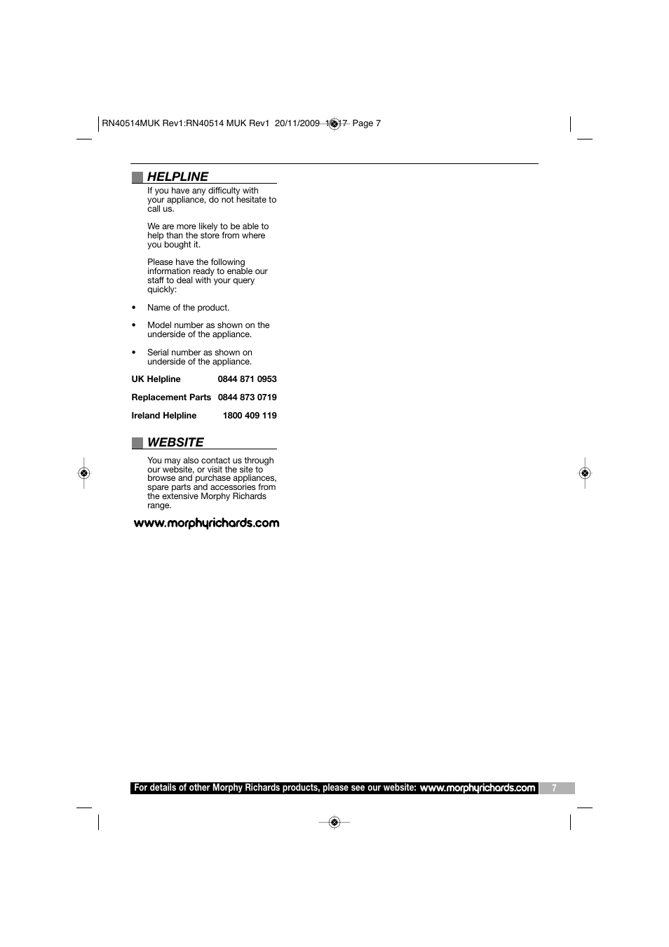 Helpline, Website | Morphy Richards TURBOSTEAM IRON RN40514 MUK REV 1 User Manual | Page 7 / 8