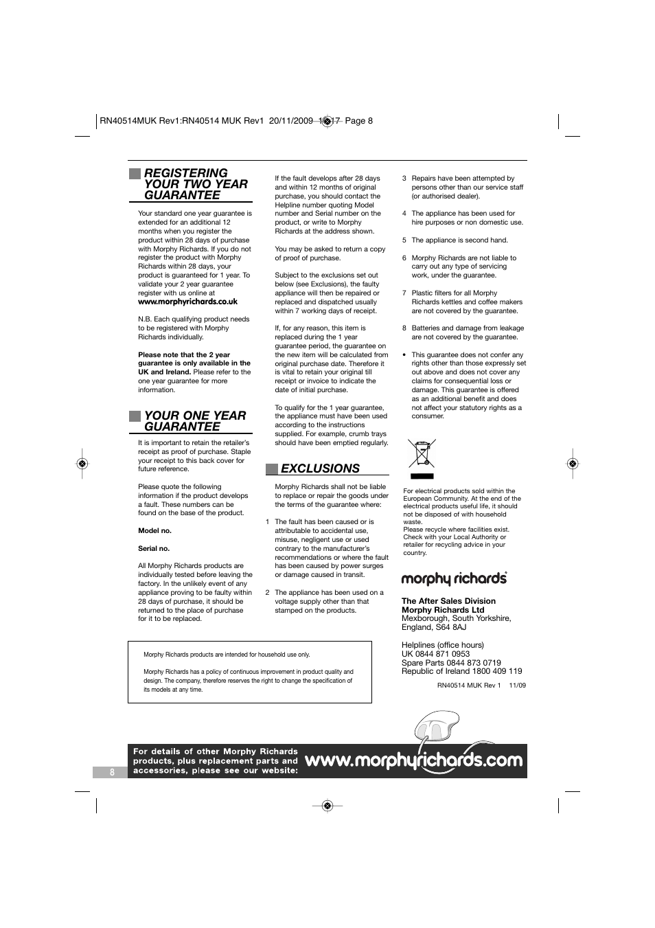 Registering your two year guarantee, Your one year guarantee, Exclusions | Morphy Richards TURBOSTEAM IRON RN40514 MUK REV 1 User Manual | Page 8 / 8