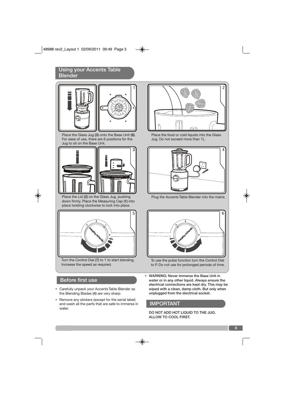 Before first use important, Using your accents table blender | Morphy Richards FP48988 User Manual | Page 3 / 8