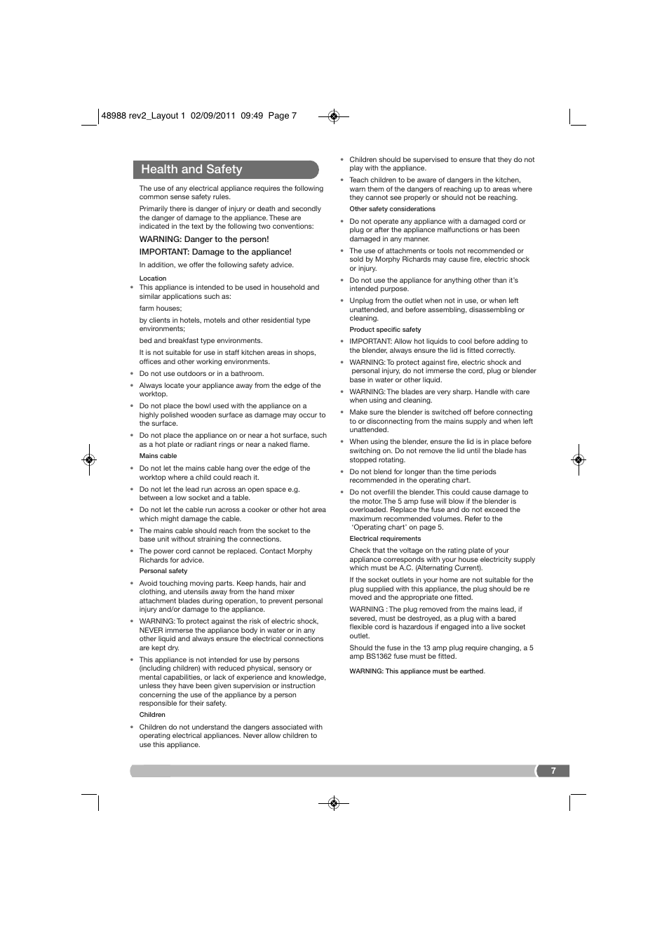 Health and safety | Morphy Richards FP48988 User Manual | Page 7 / 8