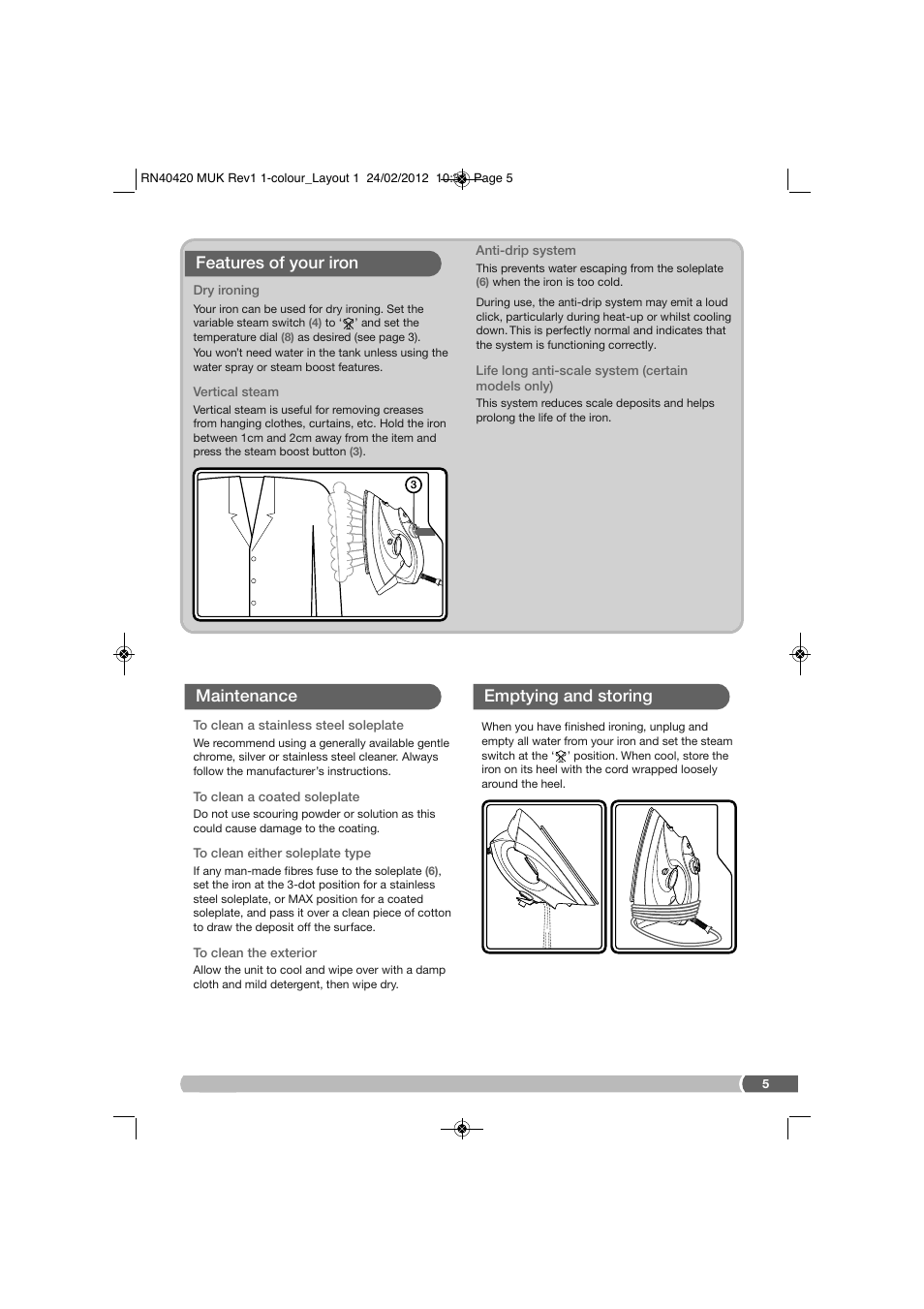Features of your iron, Maintenance emptying and storing | Morphy Richards RN40420MUK User Manual | Page 5 / 8