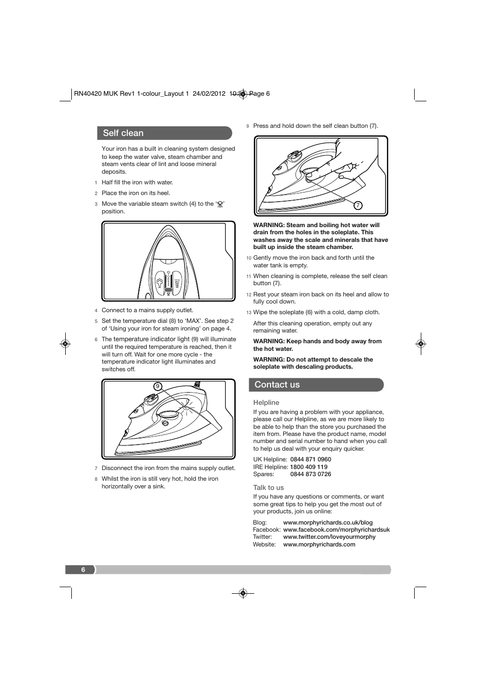 Contact us self clean | Morphy Richards RN40420MUK User Manual | Page 6 / 8
