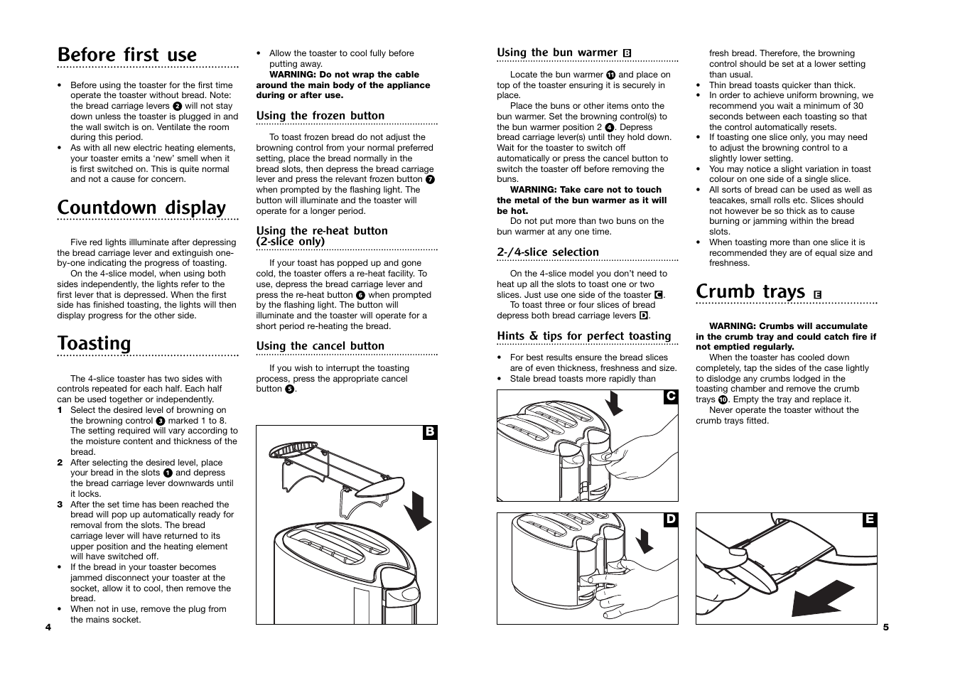 Crumb trays, Before first use, Countdown display | Toasting | Morphy Richards pmn User Manual | Page 3 / 5