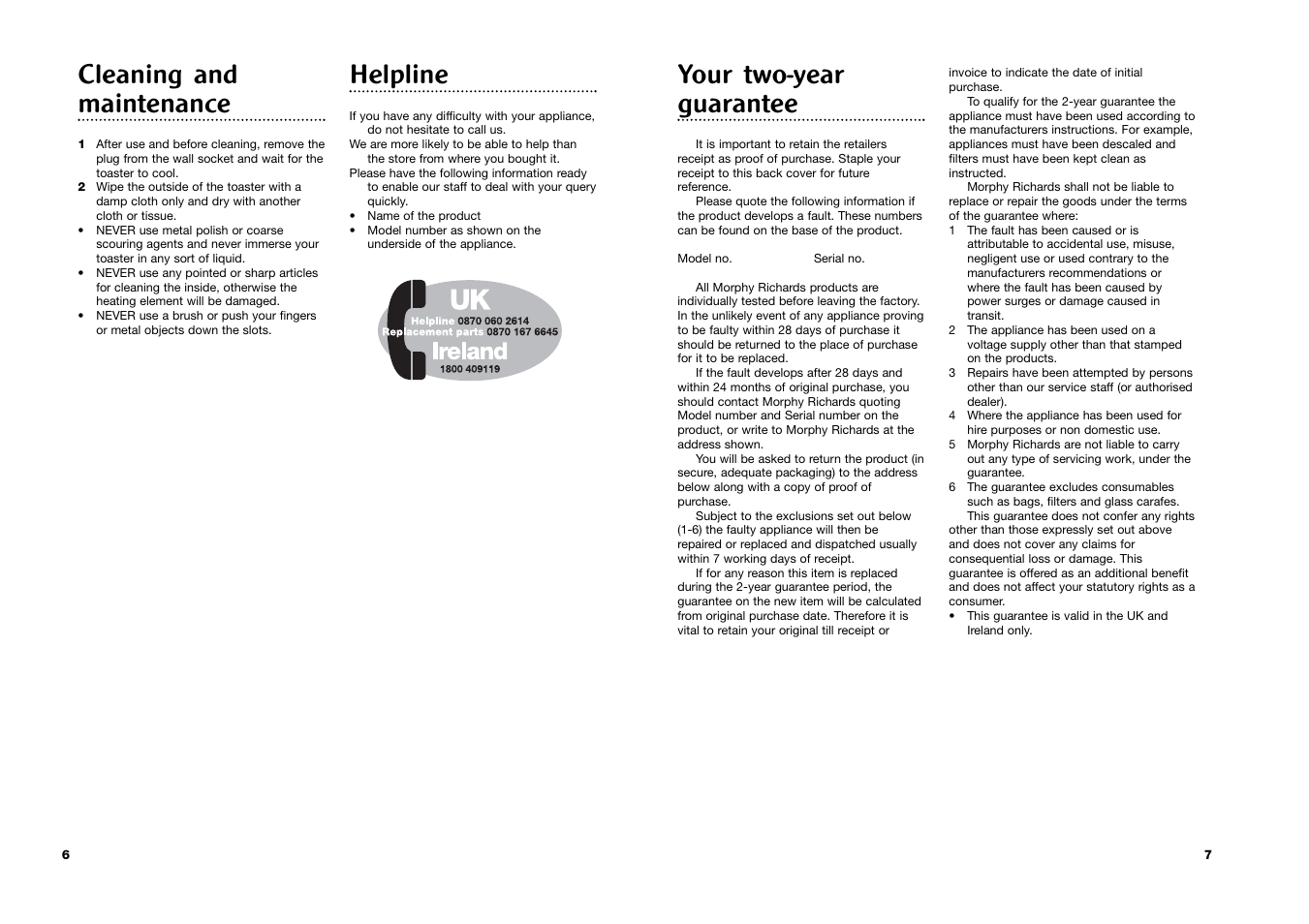 Your two-year guarantee, Cleaning and maintenance, Helpline | Morphy Richards pmn User Manual | Page 4 / 5