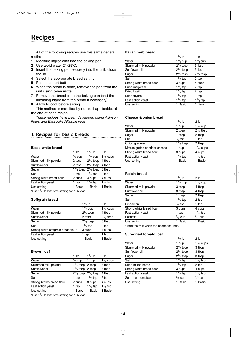 Recipes, 1 recipes for basic breads | Morphy Richards 48268 User Manual | Page 14 / 26