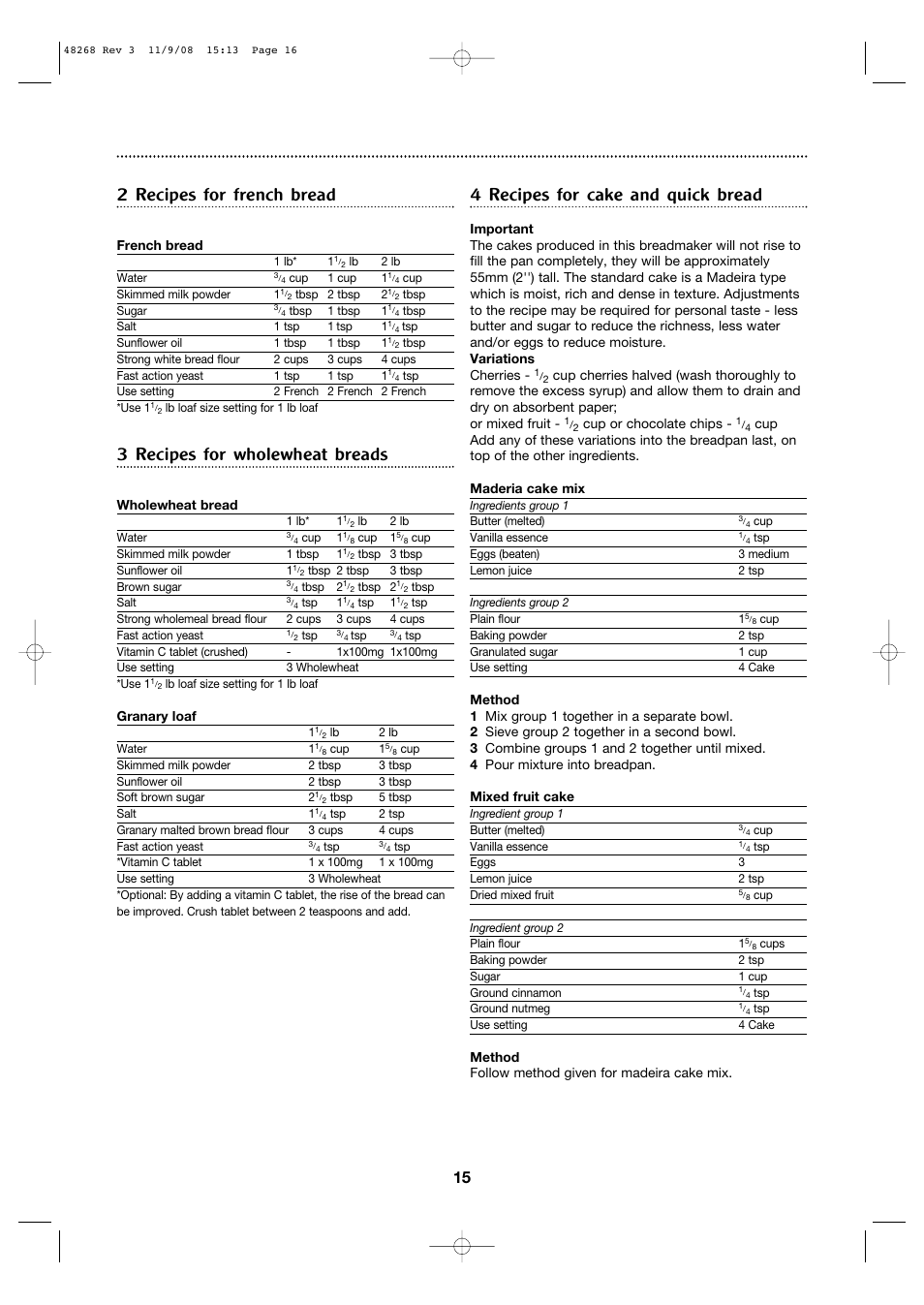 2 recipes for french bread, 3 recipes for wholewheat breads, 4 recipes for cake and quick bread | Morphy Richards 48268 User Manual | Page 15 / 26