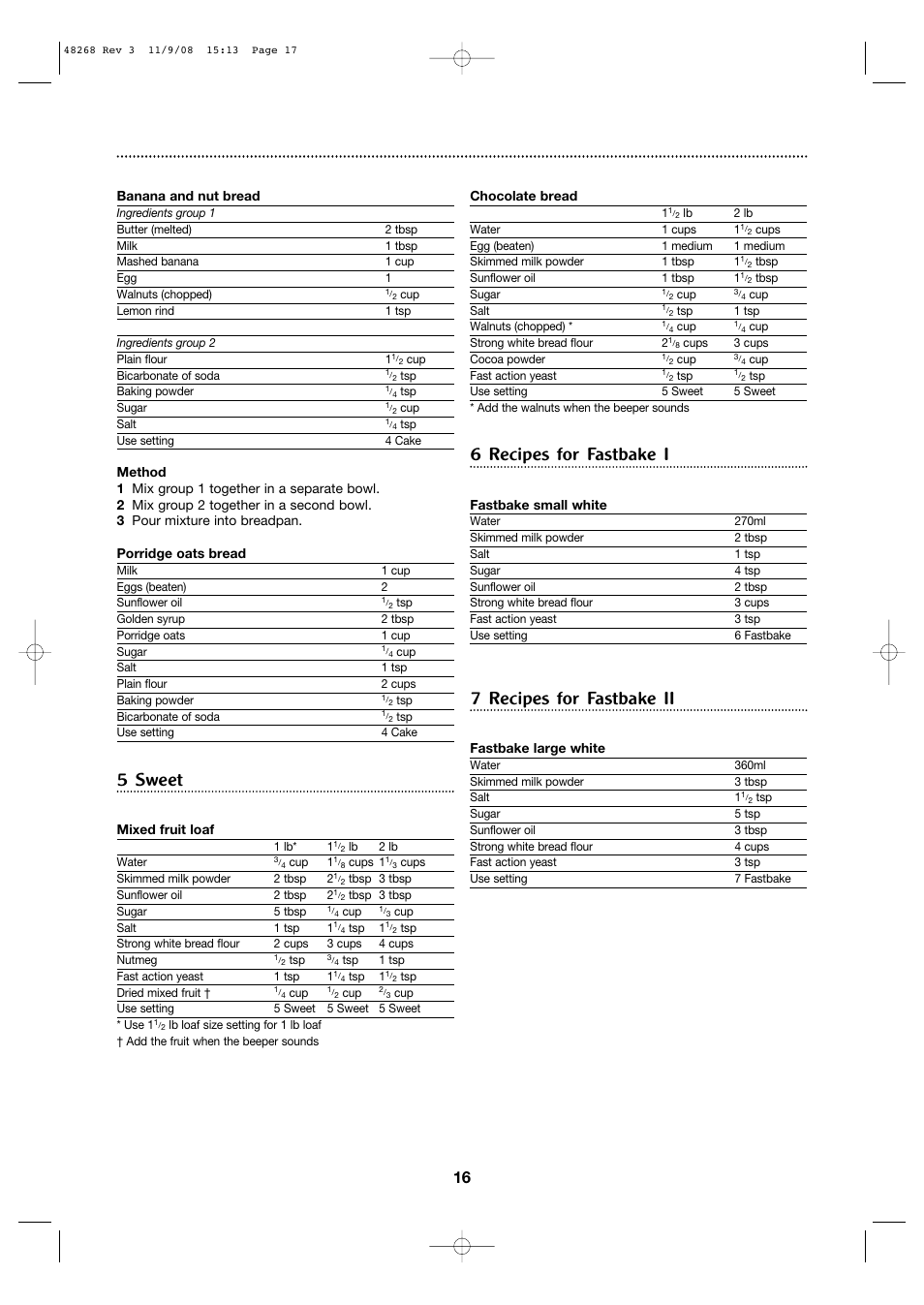 5 sweet, 6 recipes for fastbake i, 7 recipes for fastbake ii | Morphy Richards 48268 User Manual | Page 16 / 26