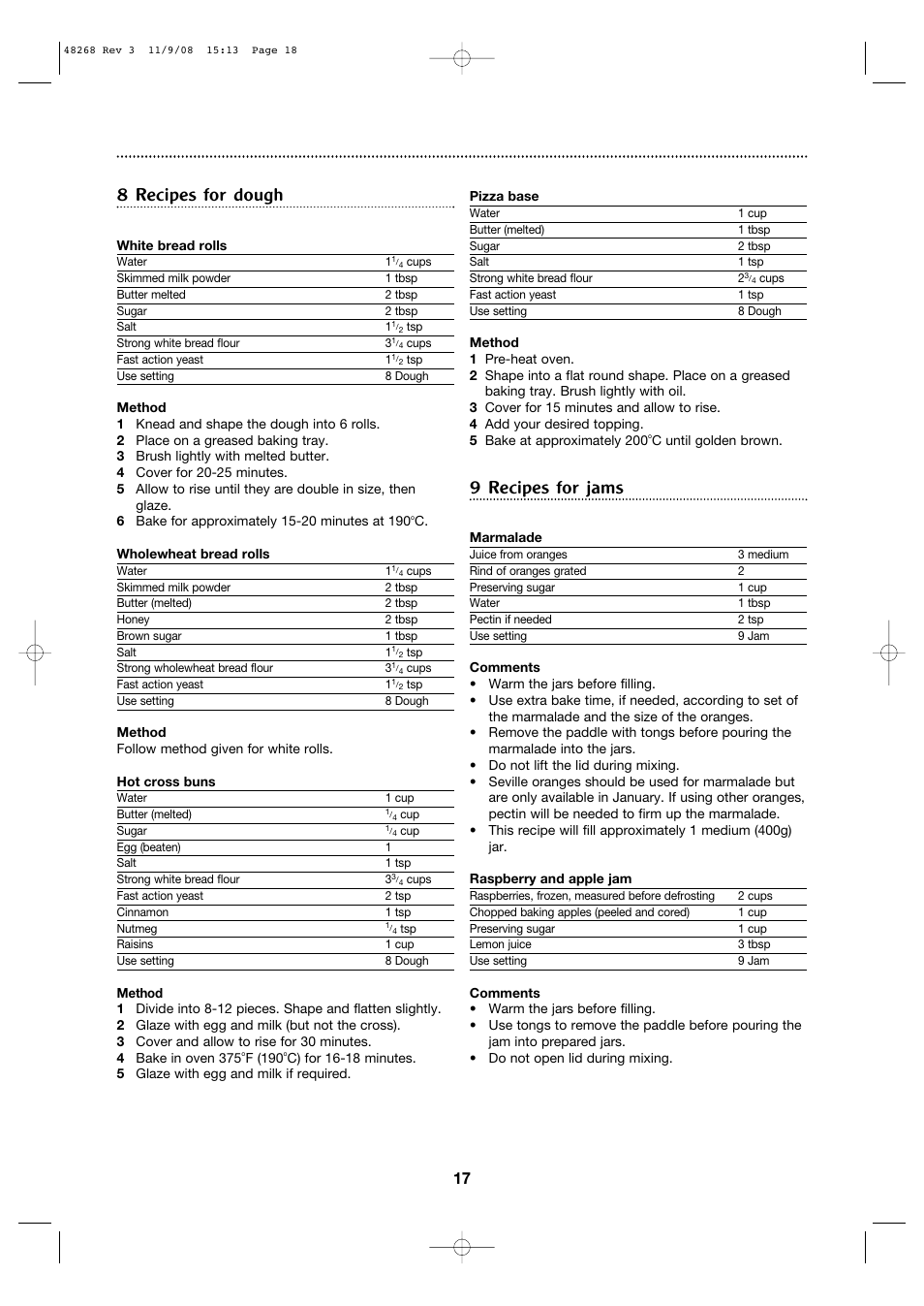8 recipes for dough, 9 recipes for jams | Morphy Richards 48268 User Manual | Page 17 / 26