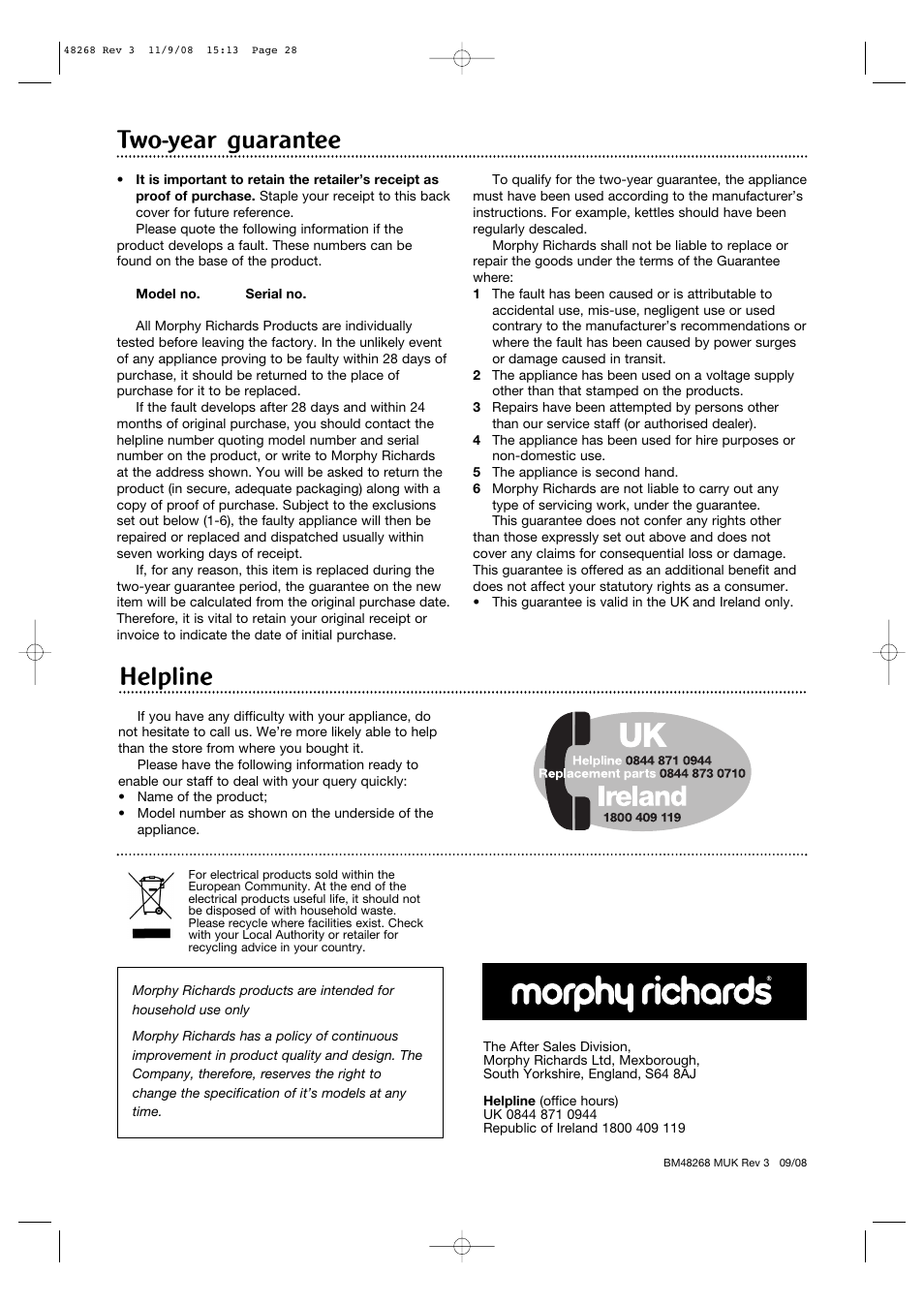 Two-year guarantee, Helpline | Morphy Richards 48268 User Manual | Page 26 / 26
