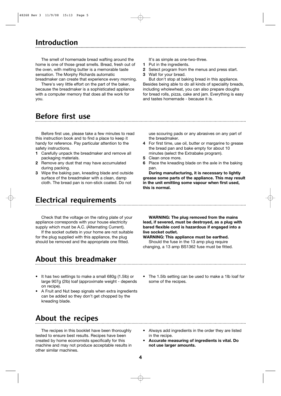 Electrical requirements, About this breadmaker about the recipes, Before first use introduction | Morphy Richards 48268 User Manual | Page 4 / 26