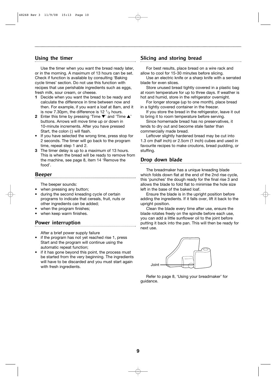 Using the timer, Beeper, Power interruption | Slicing and storing bread, Drop down blade | Morphy Richards 48268 User Manual | Page 9 / 26
