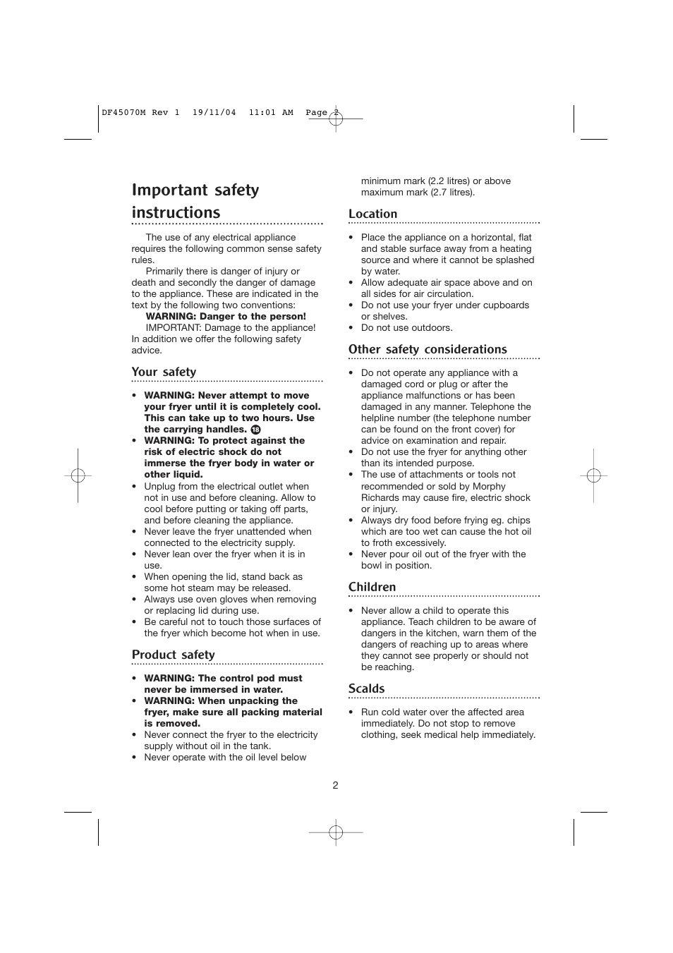 Important safety instructions, Your safety, Product safety | Location, Other safety considerations, Children, Scalds | Morphy Richards DF45070M User Manual | Page 2 / 10