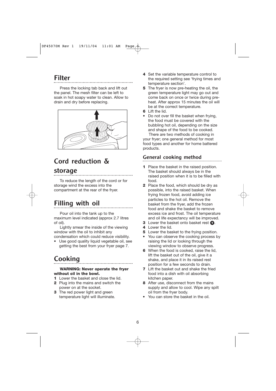 Filter, Cord reduction & storage, Filling with oil | Cooking, General cooking method | Morphy Richards DF45070M User Manual | Page 6 / 10