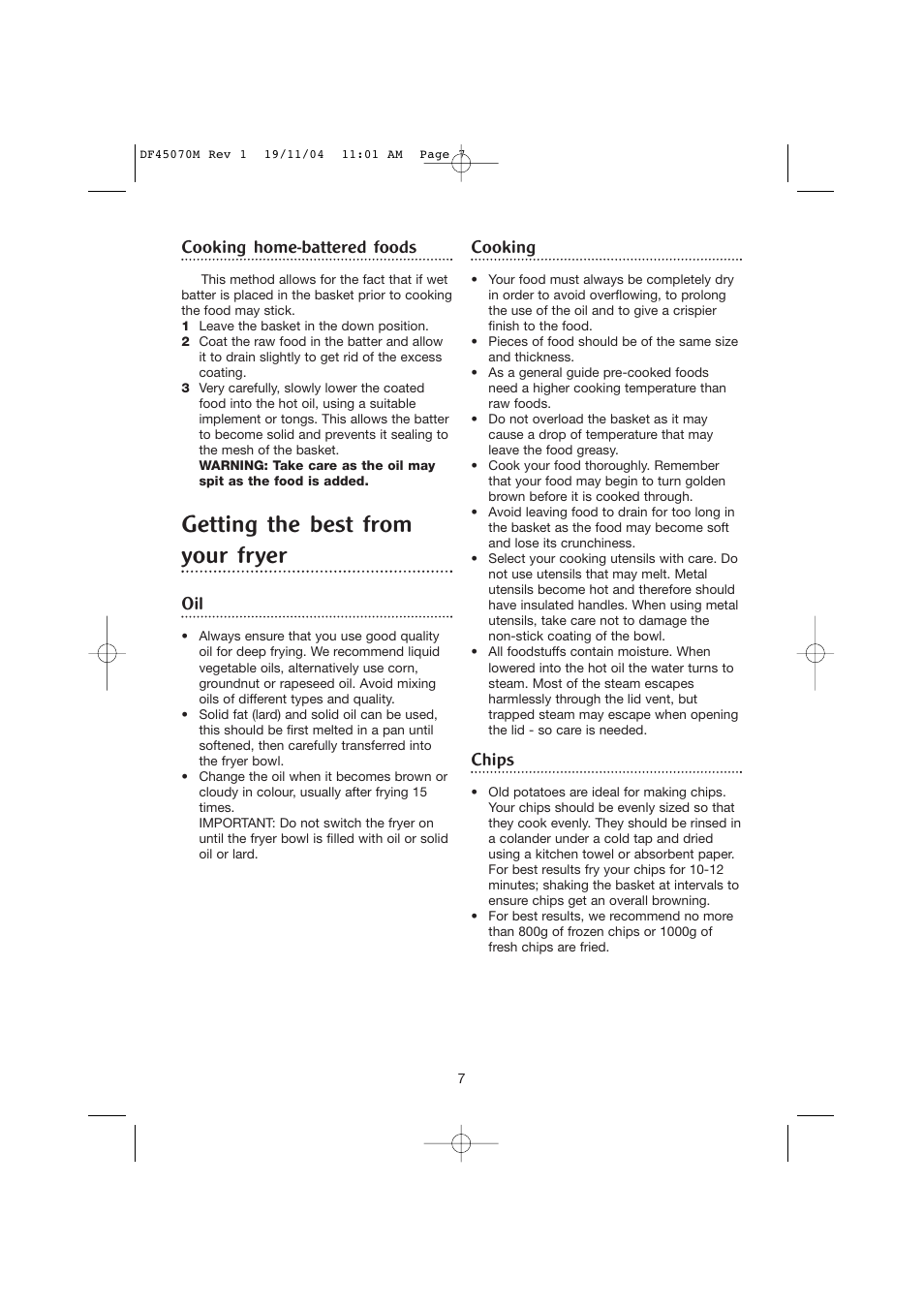Getting the best from your fryer, Cooking home-battered foods, Cooking | Chips | Morphy Richards DF45070M User Manual | Page 7 / 10