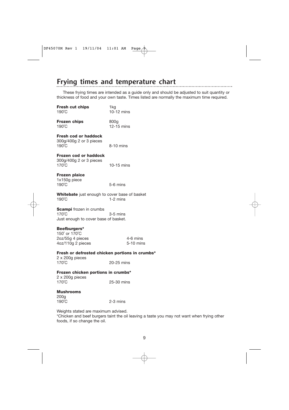 Frying times and temperature chart | Morphy Richards DF45070M User Manual | Page 9 / 10