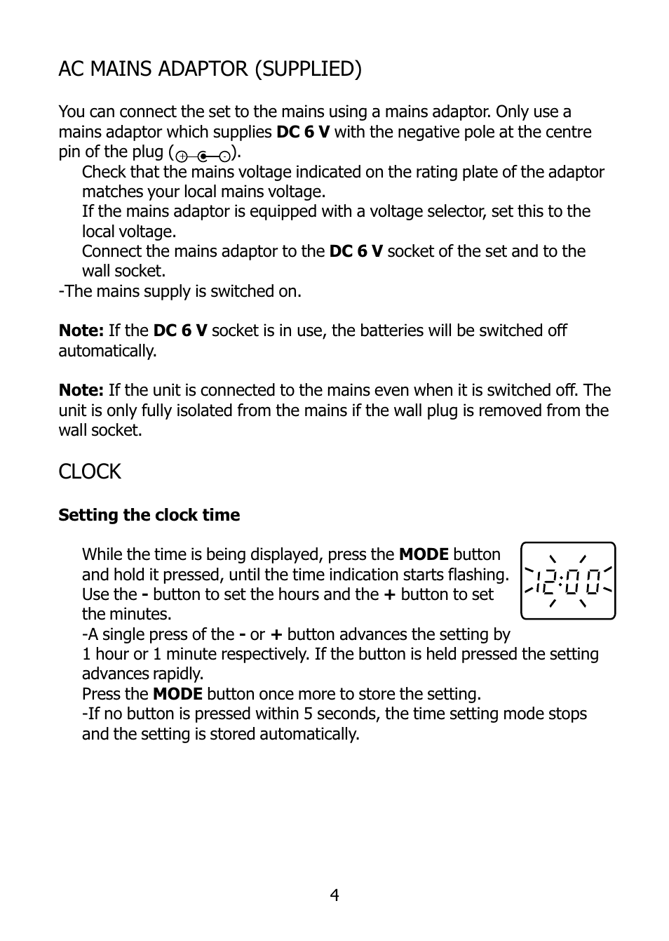 Ac mains adaptor (supplied), Clock | Morphy Richards 27004 User Manual | Page 5 / 12