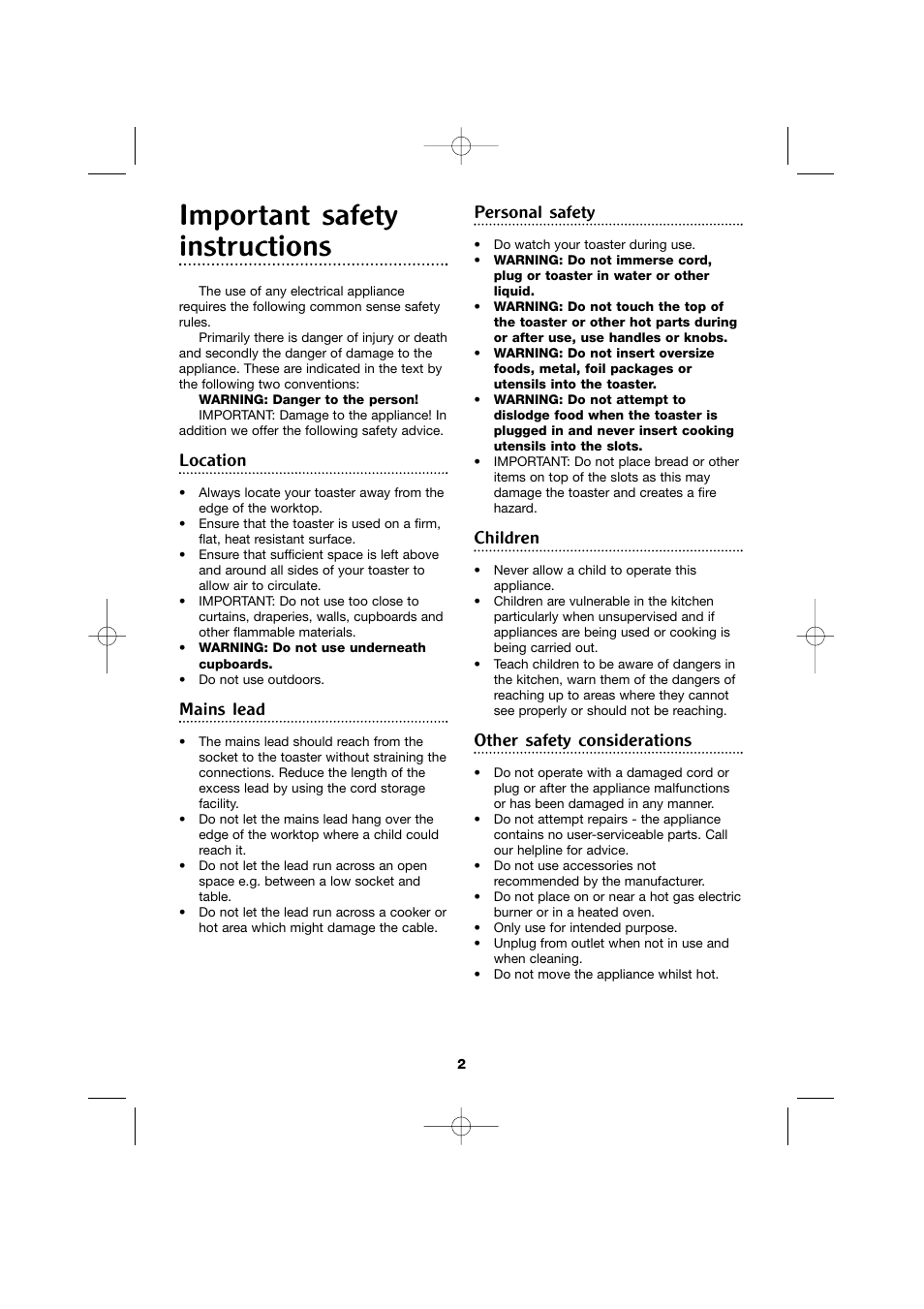 Important safety instructions, Location, Mains lead | Personal safety, Children, Other safety considerations | Morphy Richards 2- and 4-slice toasters User Manual | Page 2 / 8