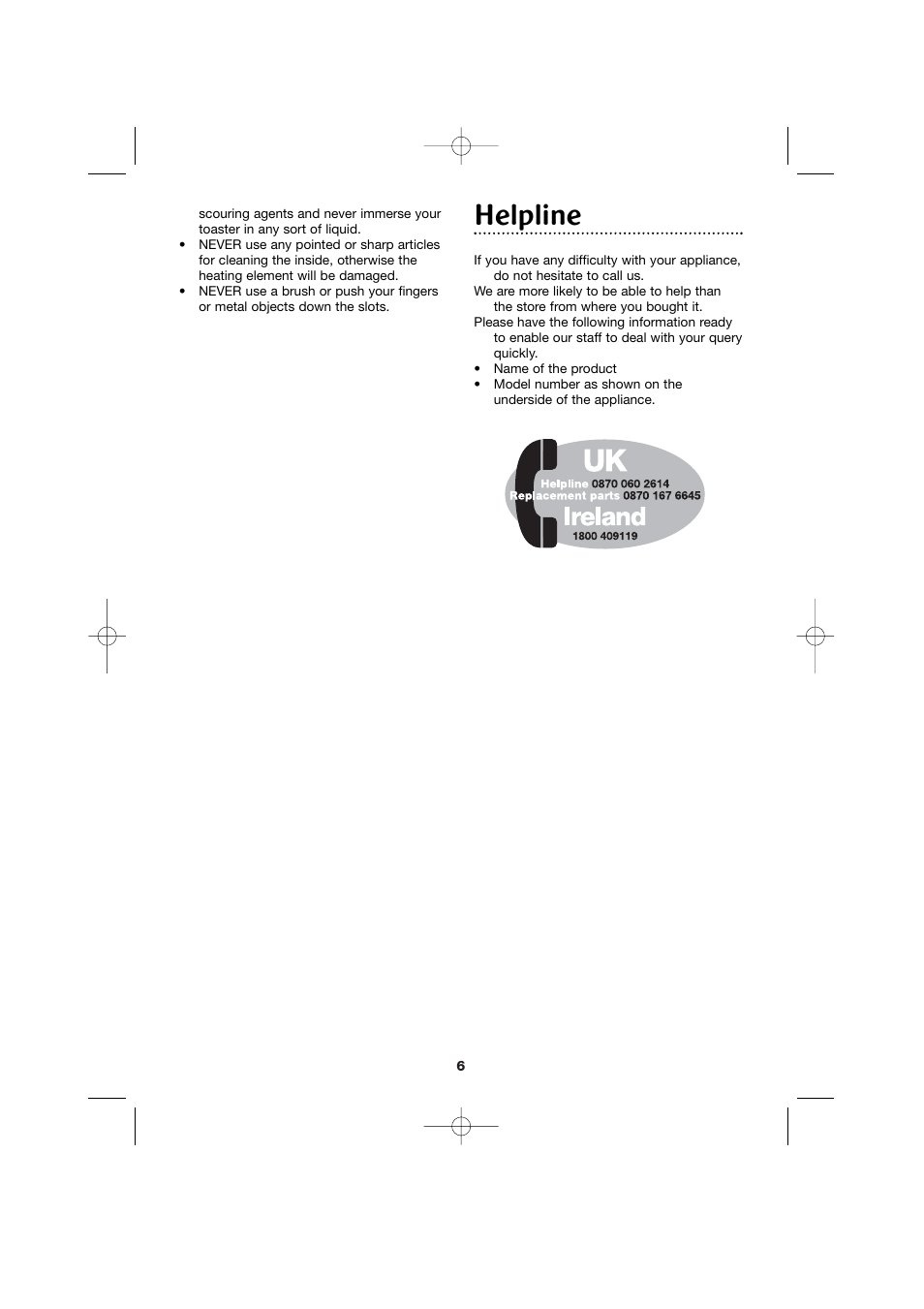 Helpline | Morphy Richards 2- and 4-slice toasters User Manual | Page 6 / 8